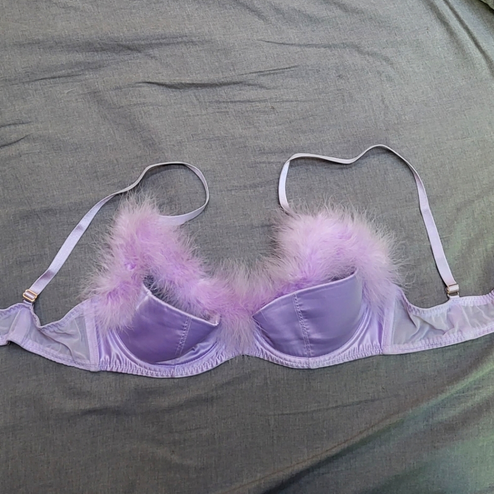 Savage x Fenty Purple 38D Sexy Satin Bra with Feathers